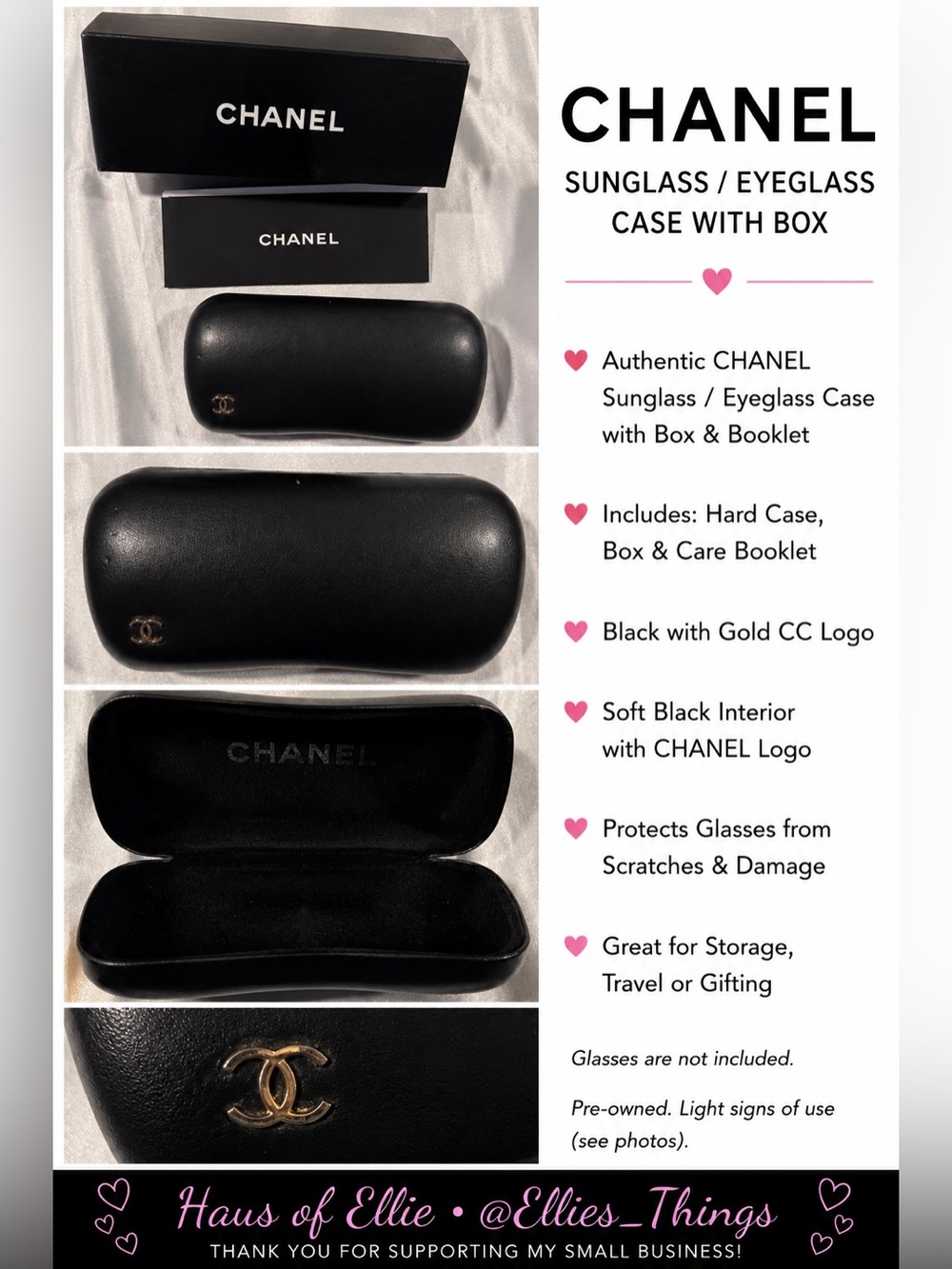 Chanel Sunglasses Eyeglasses Hard Case w/ Box & Booklet Black